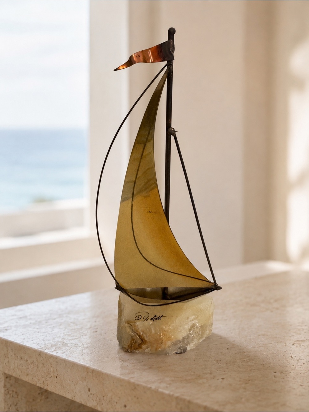 Vintage DeMott Brass Sailboat Sculpture White Onyx Base Signed MCM Coastal Decor